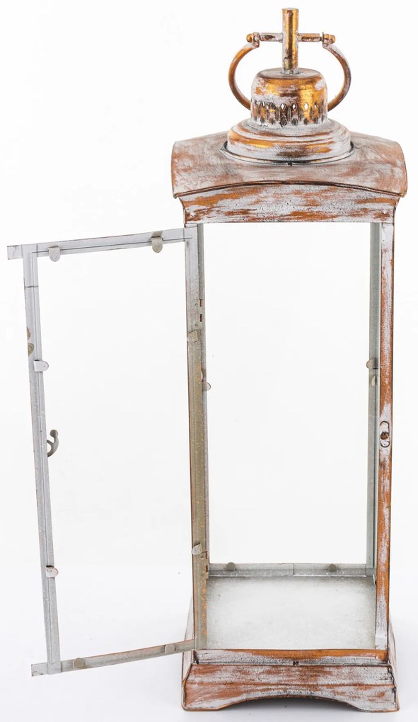 Vintage koptatott barna-krém üvegezett fém mécsestartó lantern lámpás akasztóval 79x23x23cm