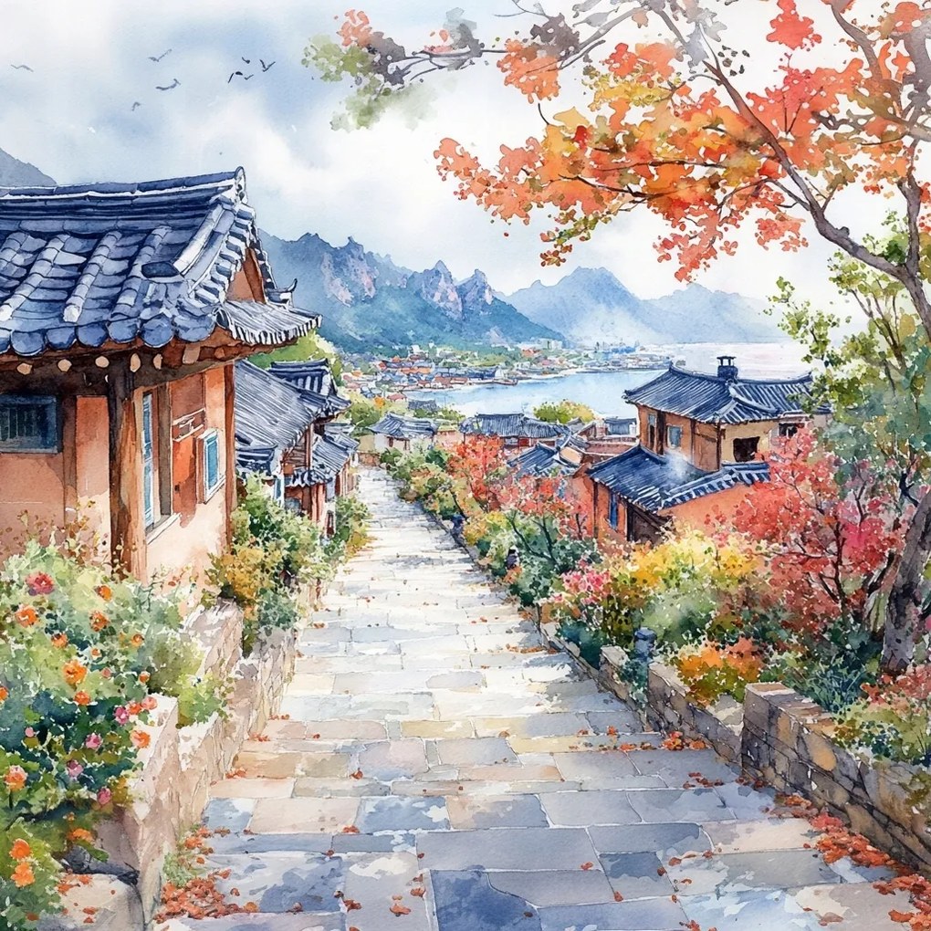 Canvas Hanok Hagyományos Vászonkép Korea Hegyek Ősz Öböl 40x40