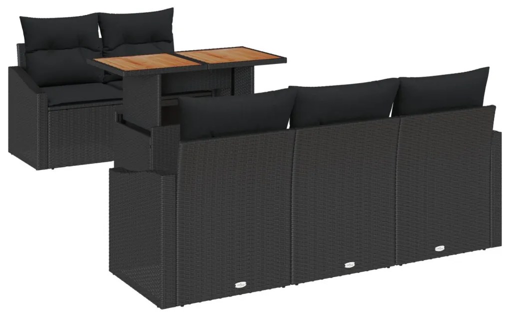 6 Darabos Kerti Étkező Szett Párnákkal Fekete Poly Rattan Akác