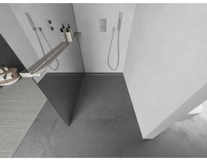 Mexen Kioto+, Walk-In zuhanyparaván polccal és akasztóval 70 x 200 cm, 8 mm-es üveg tükörmintával, csiszolt acél profillal, 800-070-121-97-50