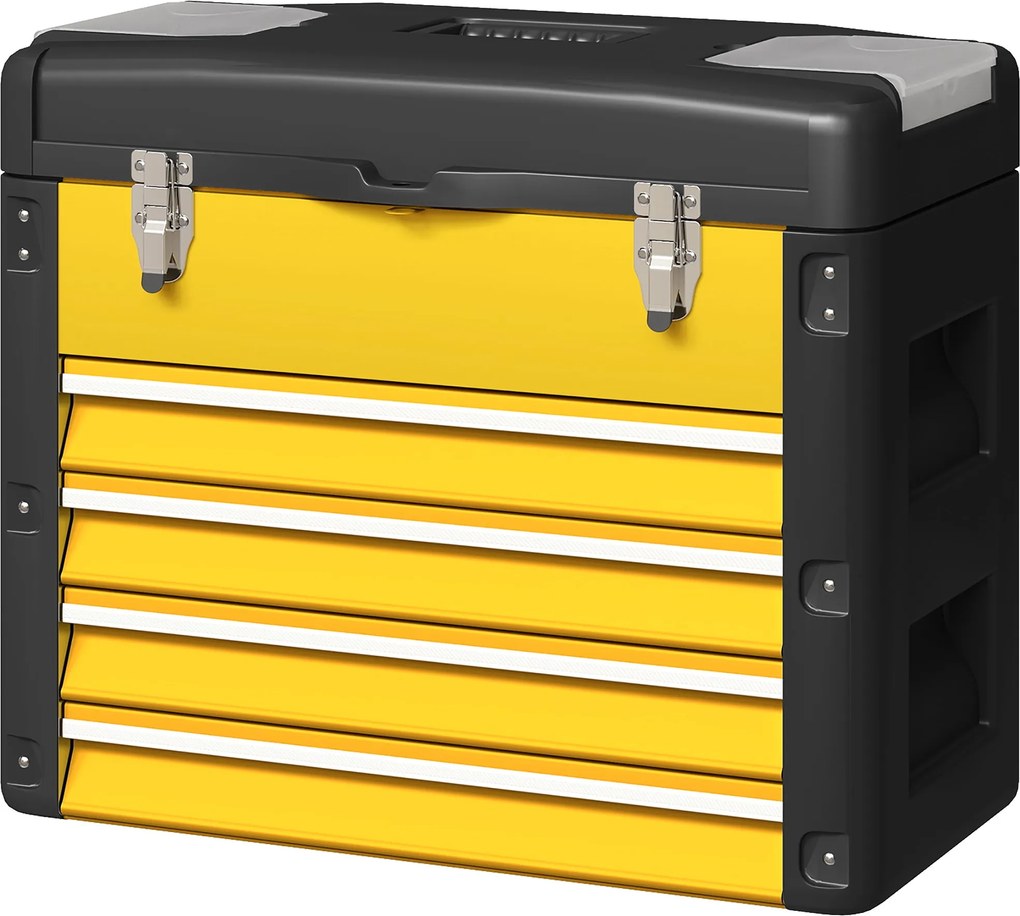 HOMCOM 4-fiókos szerszámosláda — porfestett acél, levehető tálca, kis alkatrésztartók, golyóscsapágyas sínek és hordfogantyú (sárga) | Aosom