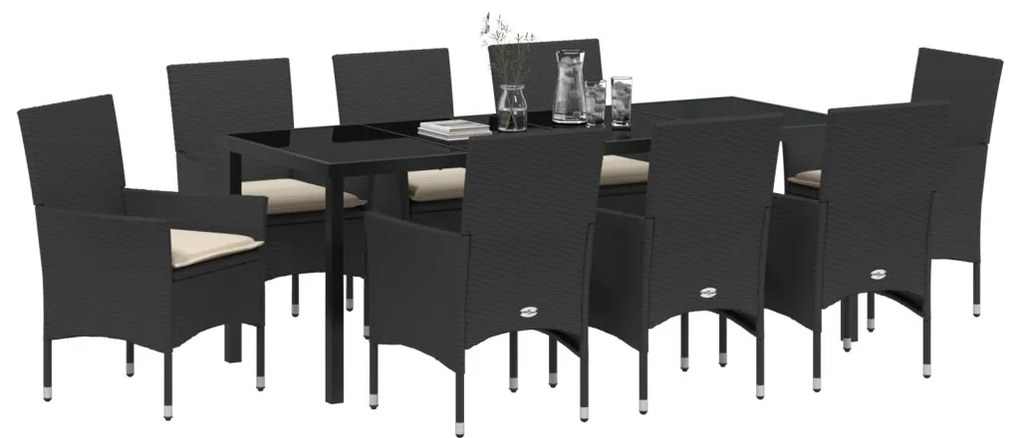 9 részes Kerti Étkezőszett Párnákkal Fekete Poli Rattan, Kerti Asztal Fekete 200x80x73 cm Edzett Üveg