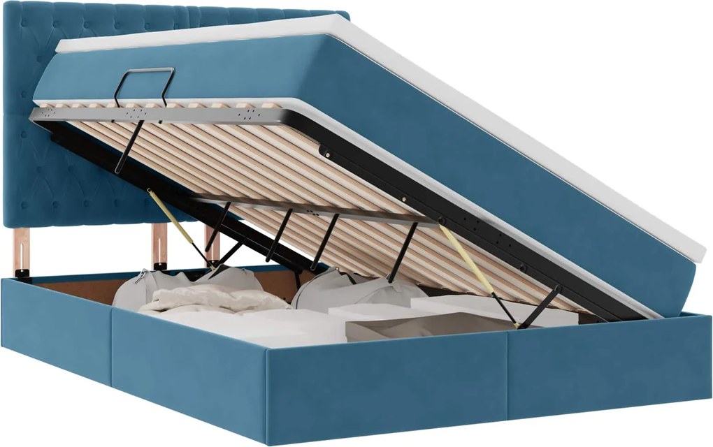 vidaXL Ágy tárolóval és matraccal Sötét kék 140 x 190 cm Bársony