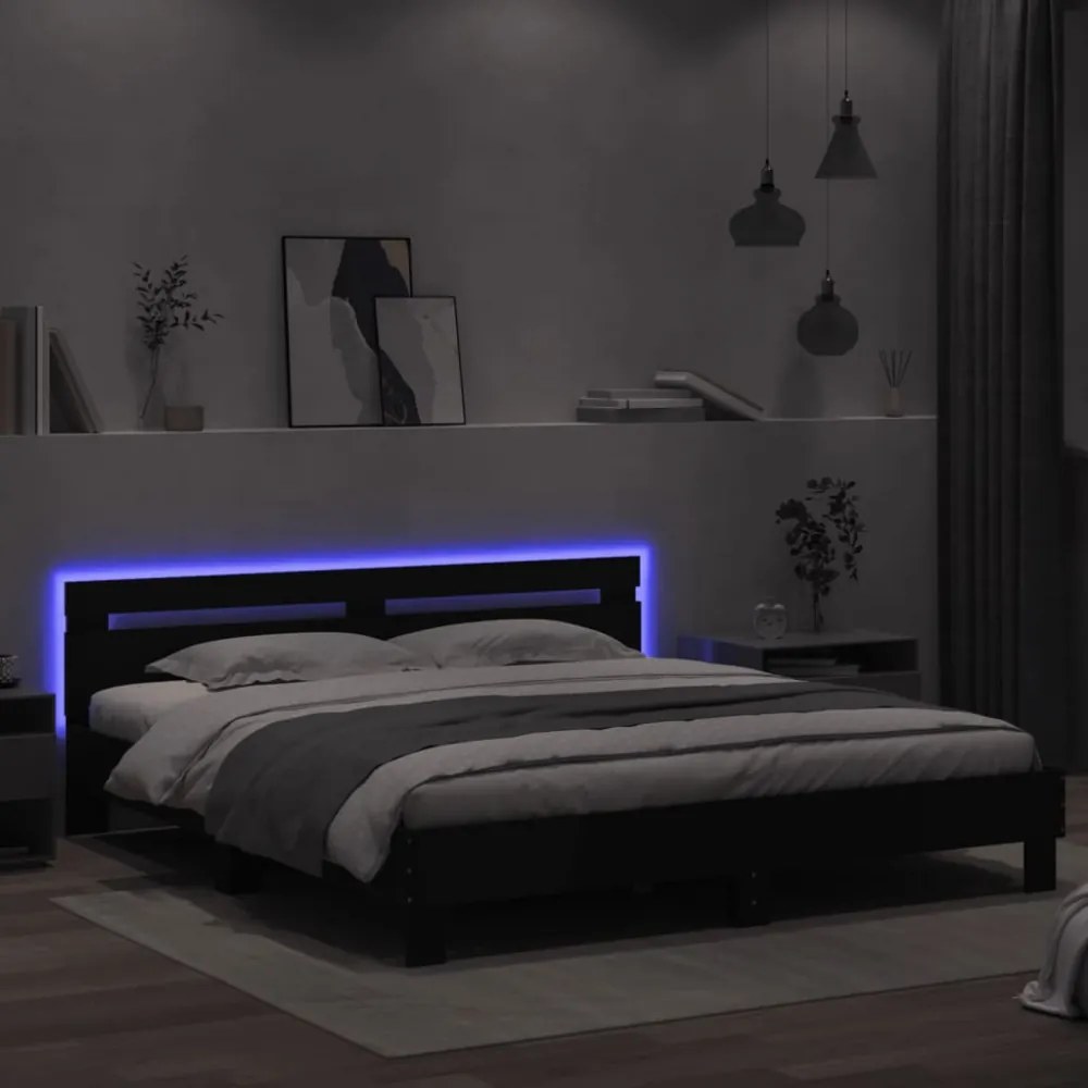fekete ágykeret fejtámlával és LED-del 200 x 200 cm