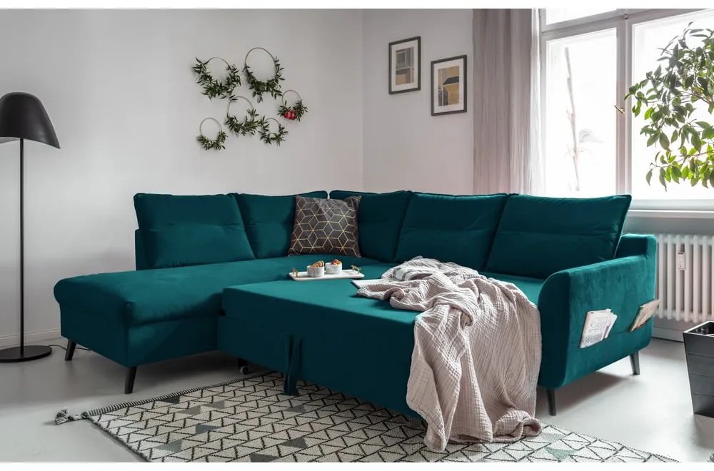 Stylish Stan L türkiz kinyitható bársony sarokkanapé, bal oldali - Miuform