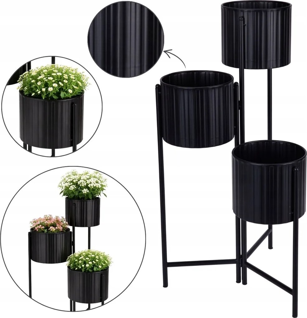 3 Db-os Virágtartó Szett Állványon Fekete Irodai Nappali Dekoráció Növények