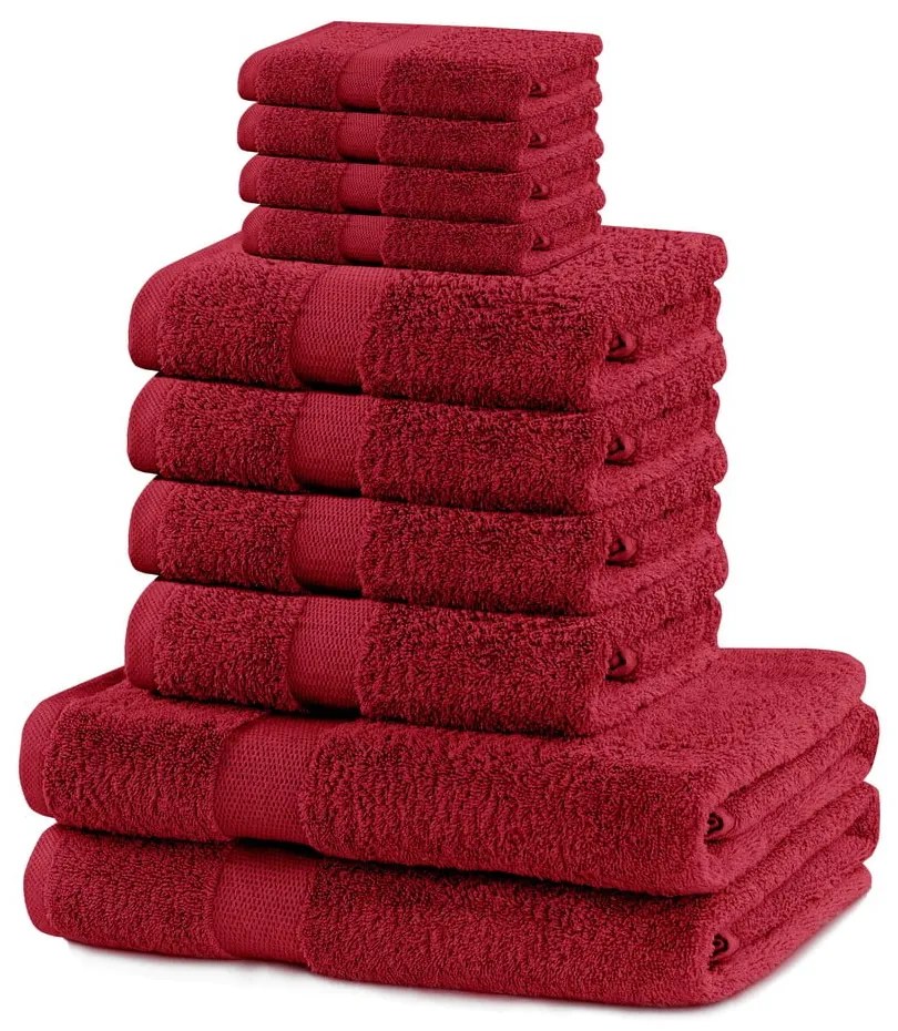 Piros frottír pamut törölköző és fürdőlepedő készlet 10 db-os Marina – Restilo