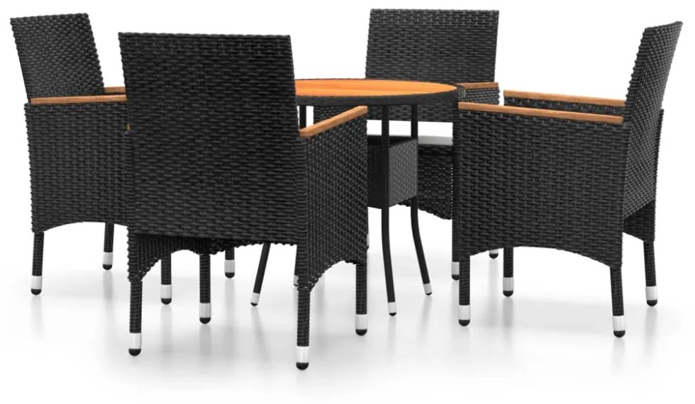5 részes fekete polyrattan és tömör fa kerti bisztrószett