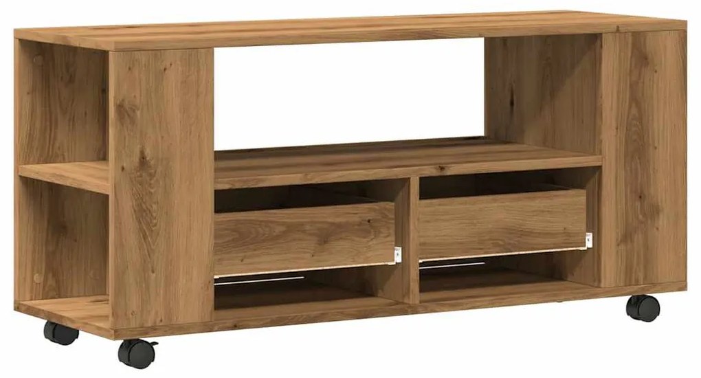kézműves tölgy szerelt fa TV-szekrény kerekekkel 102x34,5x43 cm