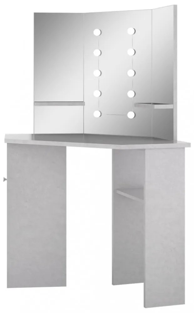 betonszürke sarok-fésülködőasztal LED-del 111x54x141,5 cm