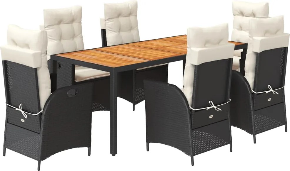 vidaXL 7 részes fekete polyrattan kerti étkezőgarnitúra párnával