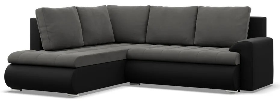Tokio sarokkanapé, L alakú háttámlával, 2 ágyneműtartóval, bársony + műbőr, baloldali, szürke - fekete