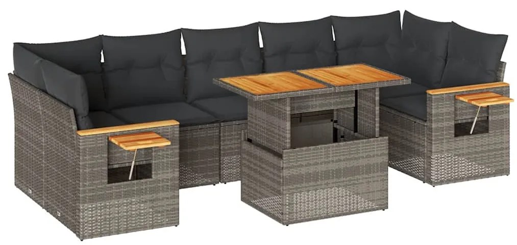 8 részes szürke polyrattan akácfa kerti ülőgarnitúra párnákkal
