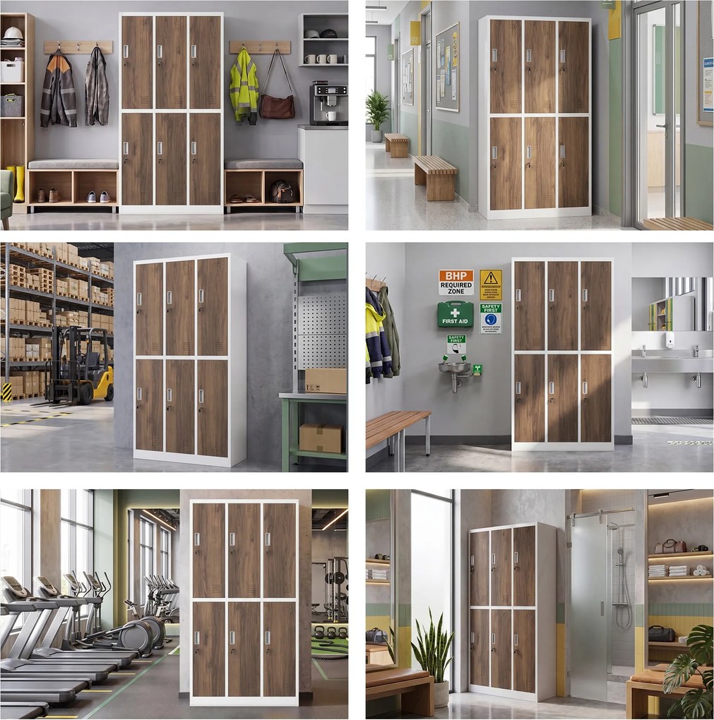 IGOR fehér / dió színű, 6 ajtós Eco Design BHP öltözőszekrény, 900 x 1850 x 450 mm