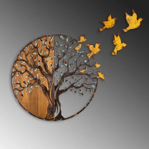 Fali dekoráció 92x71 cm fa/fém fa és madarak motívummal