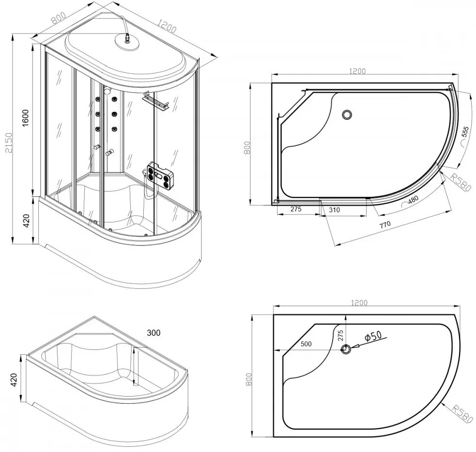 Lia 80x120 cm hidromasszázs zuhanykabin balos