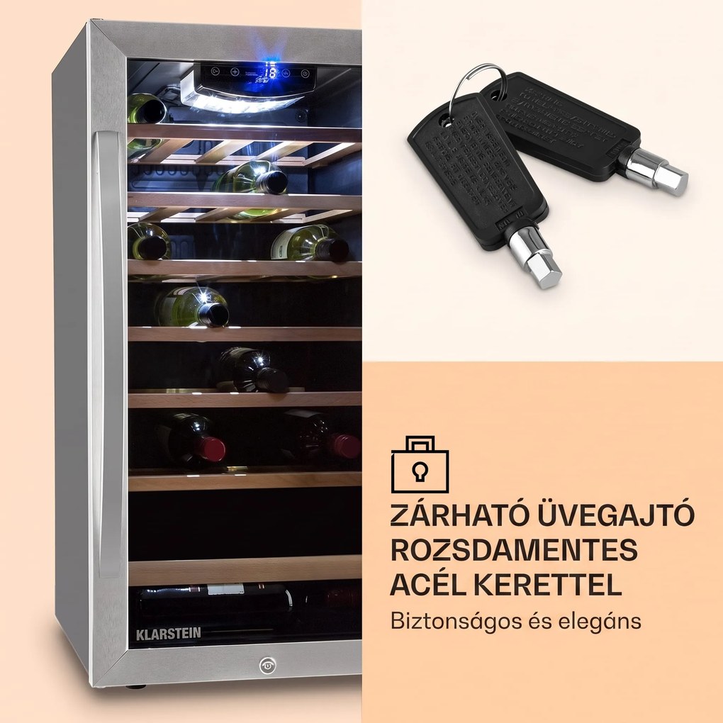 Klarstein Vivo Vino 26, 88 liter, borhűtő, 26 palack, rozsdamentes acél, LED