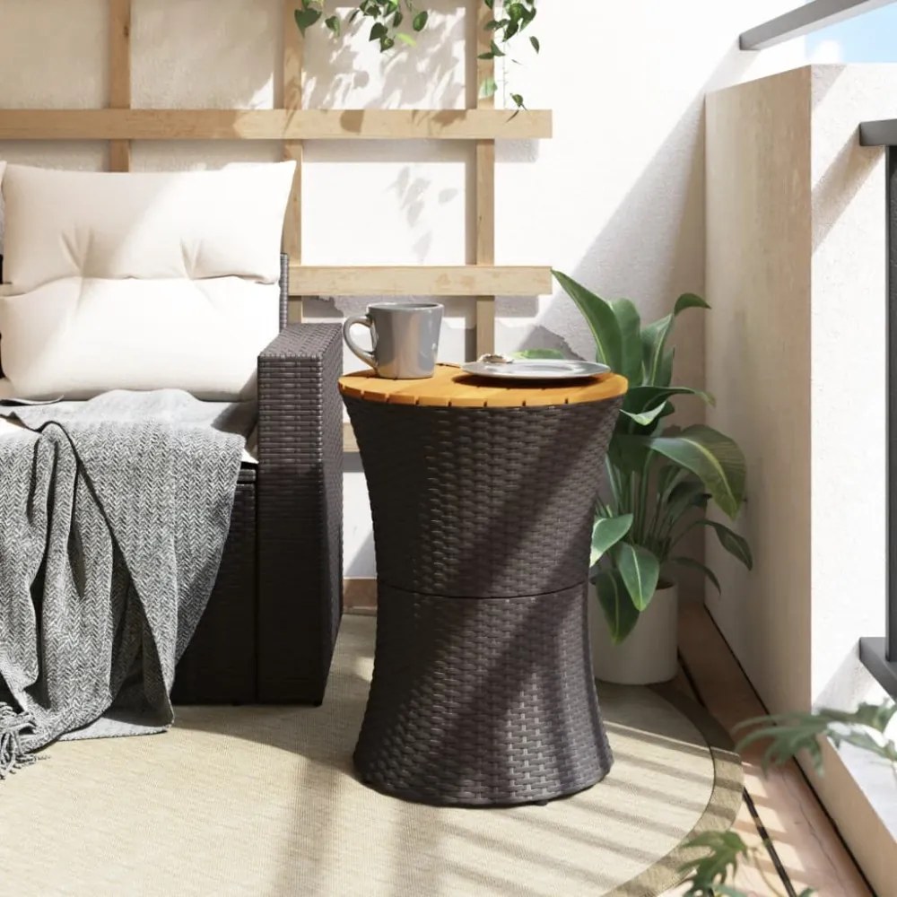 fekete polyrattan és tömör fa kerti dob alakú kisasztal