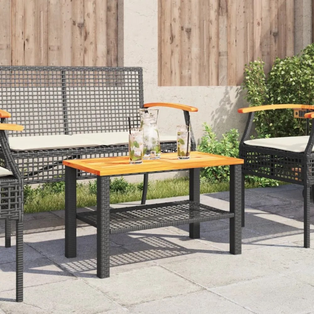 fekete polyrattan és akácfa kerti asztal 70 x 38 x 42 cm