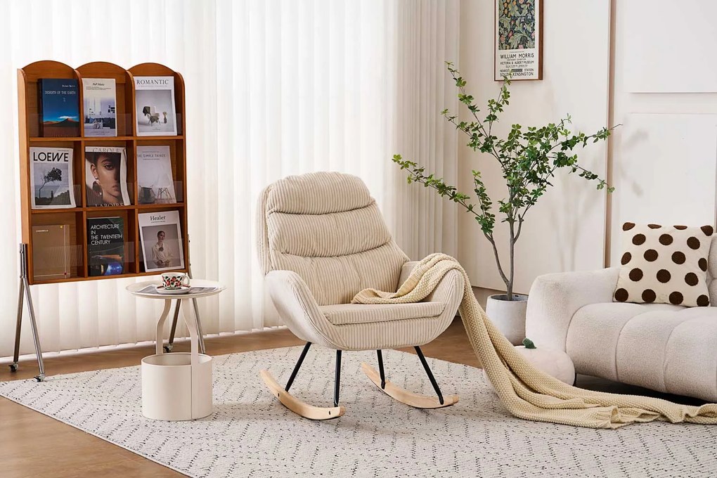 Hintaszék, relaxációs szék, szoptatós fotel kordbársony kárpitozással, krém-bézs színű