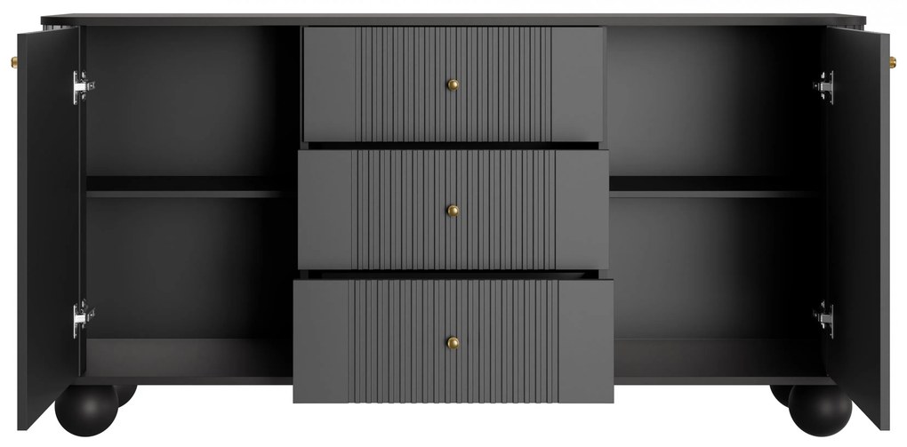 Vesper fiókos komód 160 cm - fekete / arany fogantyúk / gömb lábak