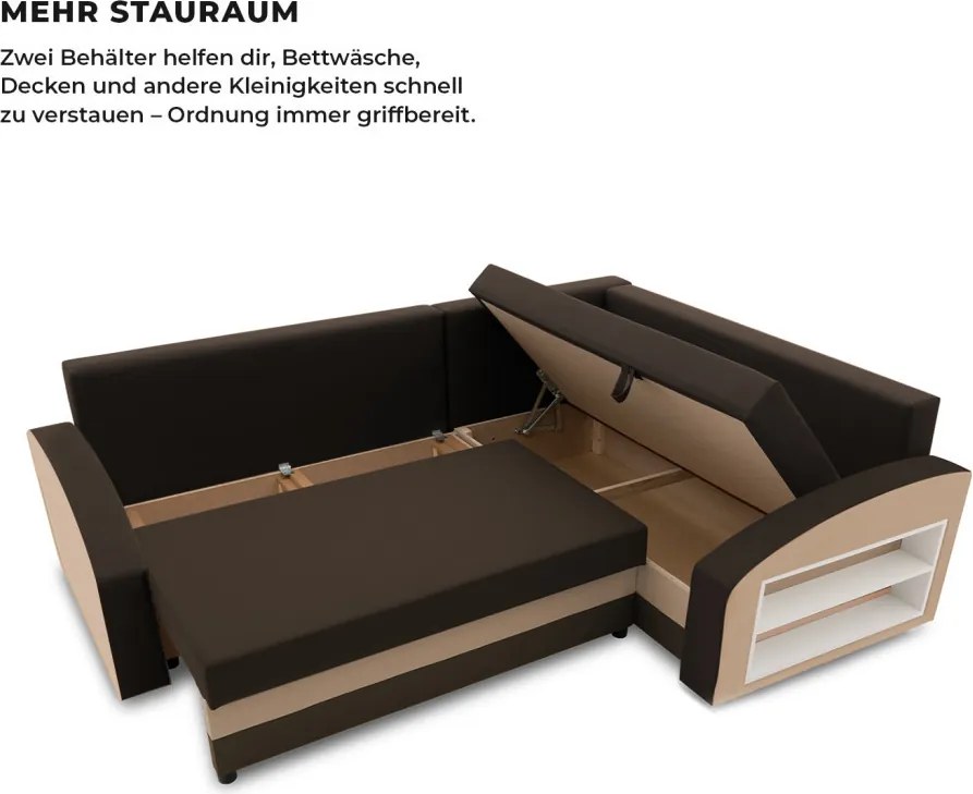 Grande sarokkanapé polcokkal , polc a jobb karfaban, jobboldali, szövet anyag, hab töltet, barna