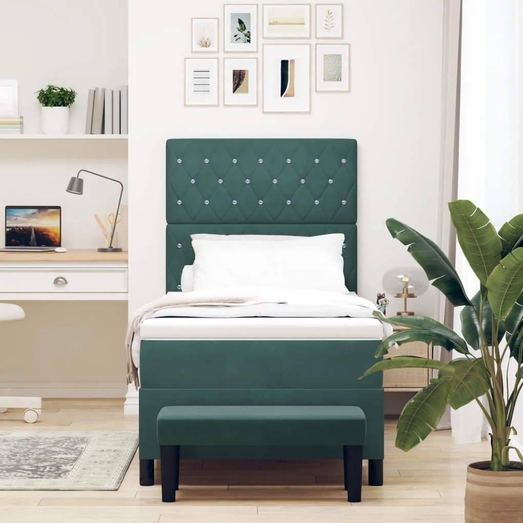 Boxspring ágy matraccal és paddal, sötétzöld, 90x200 cm, bársony