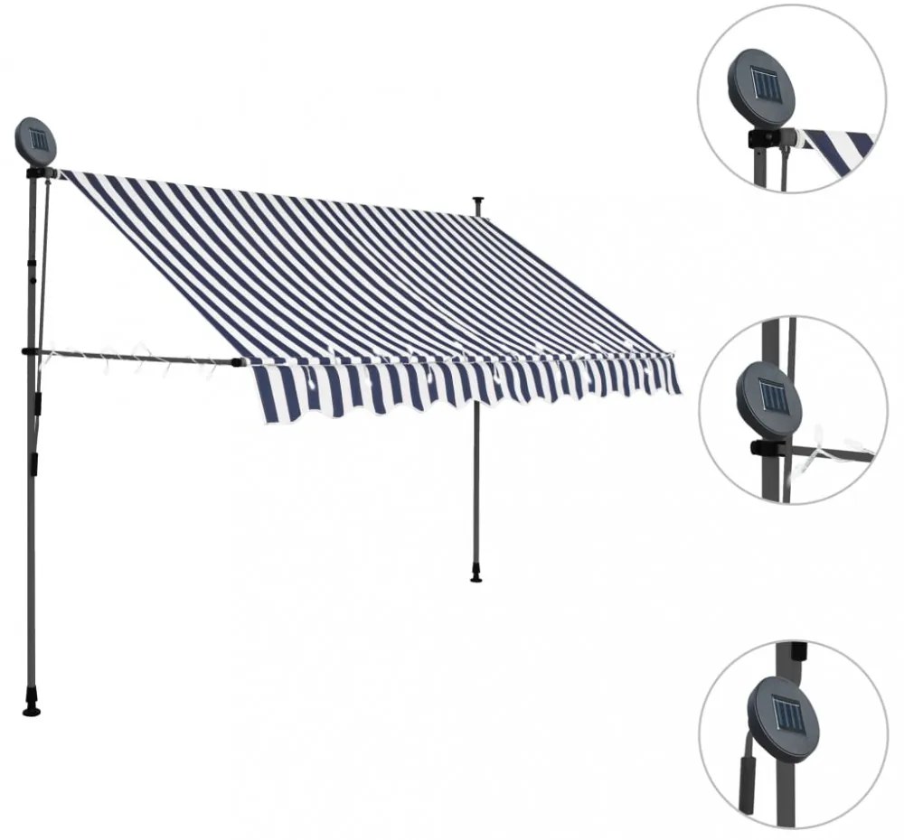 kék és fehér kézzel kihúzható LED-es napellenző 250 cm