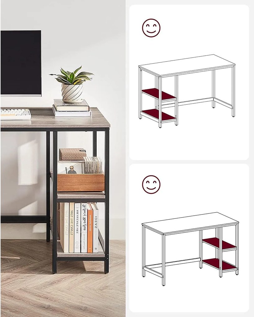 Íróasztal 120x60 cm, számítógépes asztal 2 polccal bal vagy jobb oldalon, greige