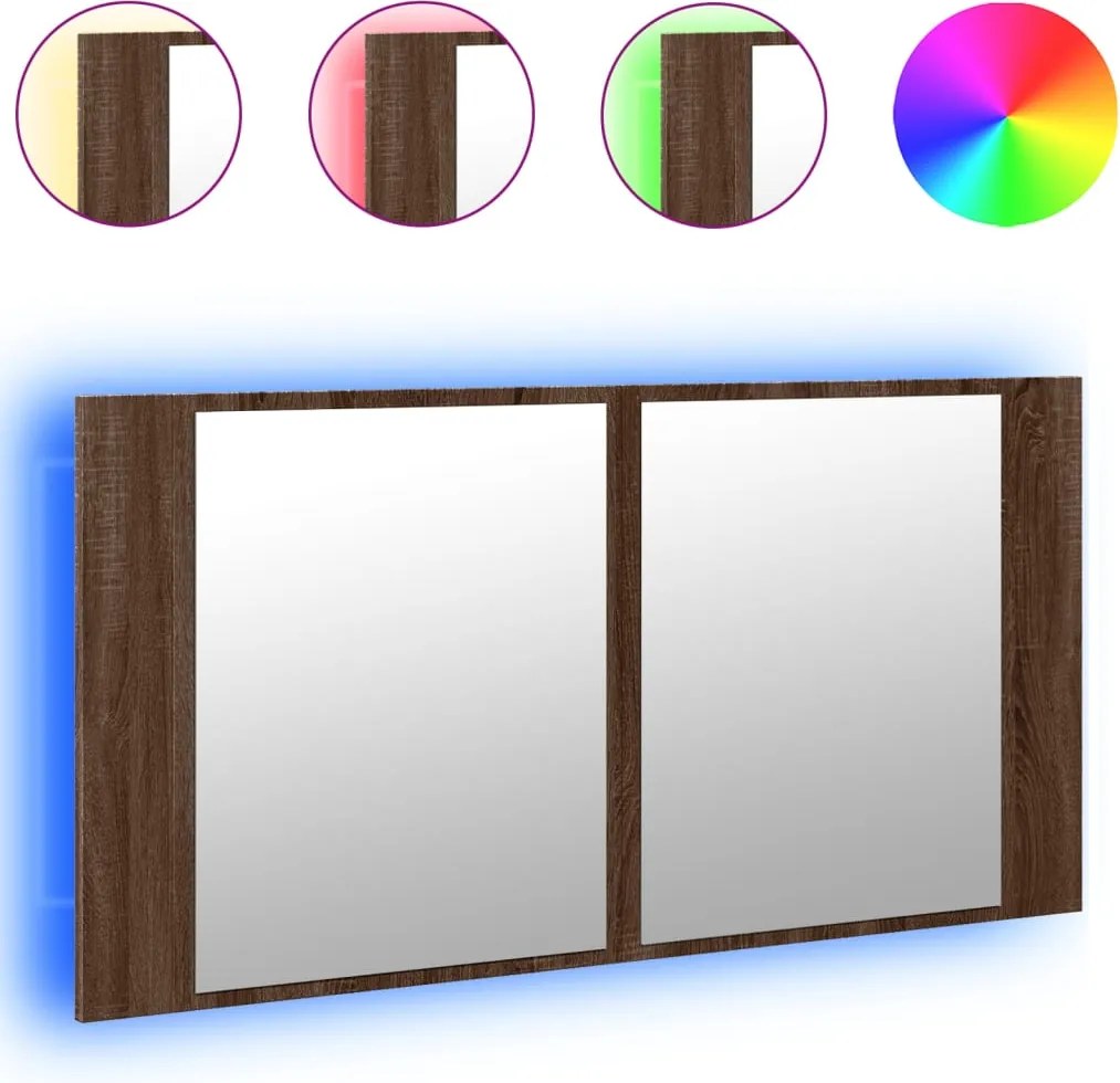 vidaXL barna tölgy akril LED-es tükrös fürdőszobaszekrény 90x12x45 cm