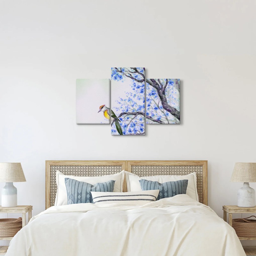 Kép - Madár egy fán kék virágokkal (90x60 cm)