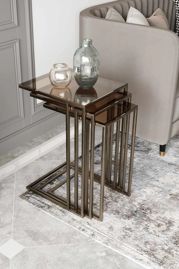 Mira üveg dohányzóasztal, antik-bronz, 42 cm