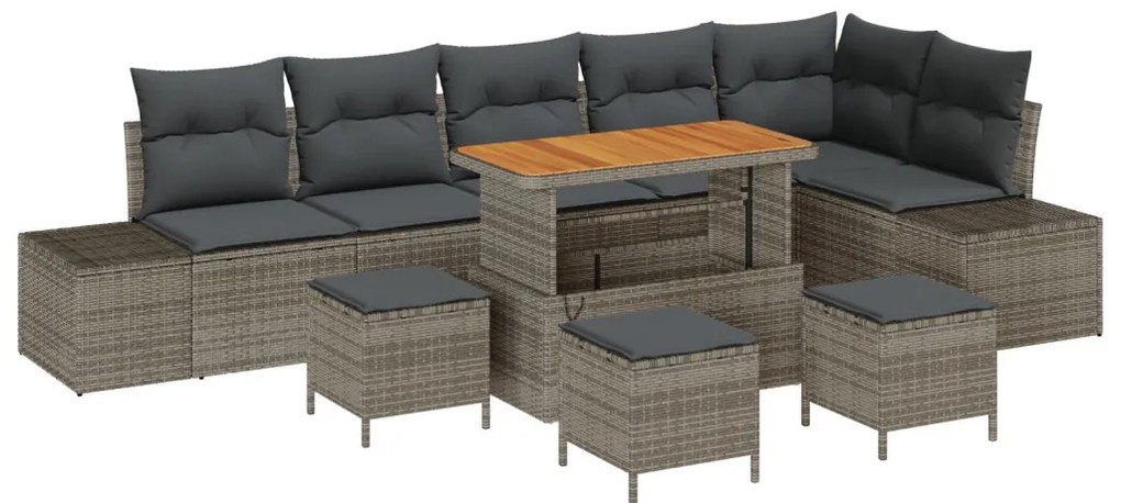 9 darabos kerti sofa szett párnákkal szürke poli rattan akáciával, 2 fős kerti sofa párnákkal szürke poli rattan, 3 darabos kerti étkező szett párnákkal szürke poli rattan akáciával