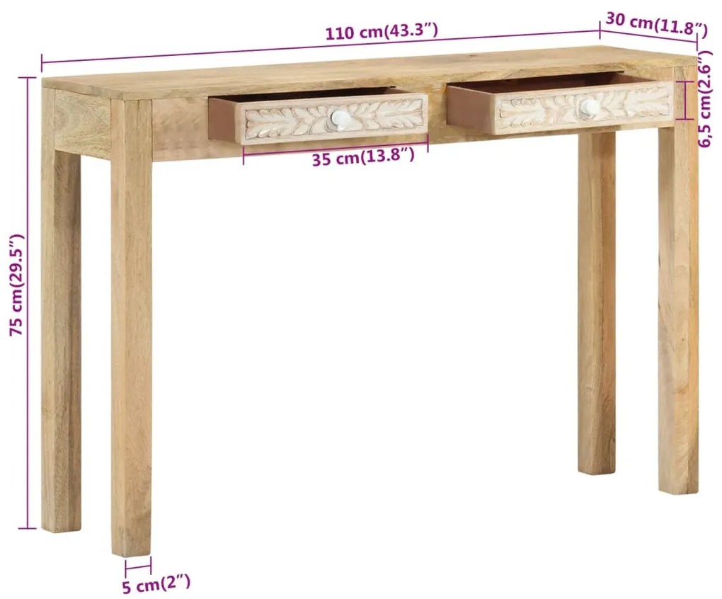 tömör fehérített mangófa konzolasztal 110 x 30 x 75 cm
