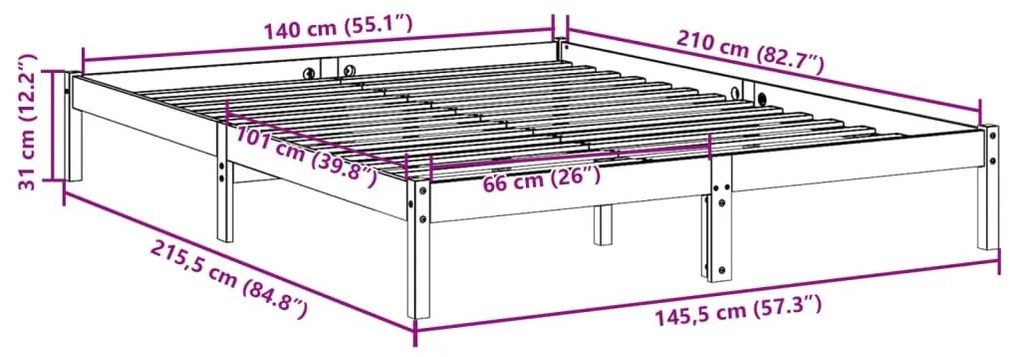 fehér tömör fenyő extra hosszú ágykeret matrac nélkül 140x210cm