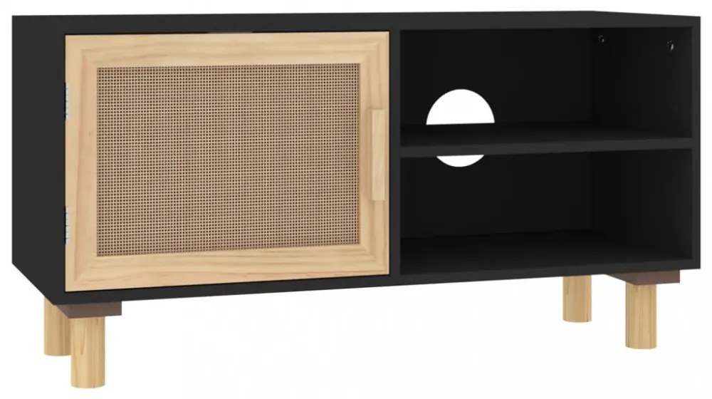 fekete fenyőfa és természetes rattan TV-szekrény 80x30x40 cm