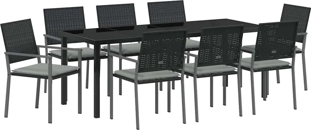 vidaXL Kert étkező szett 9 pcs Fekete és Világosszürke PE Rattan