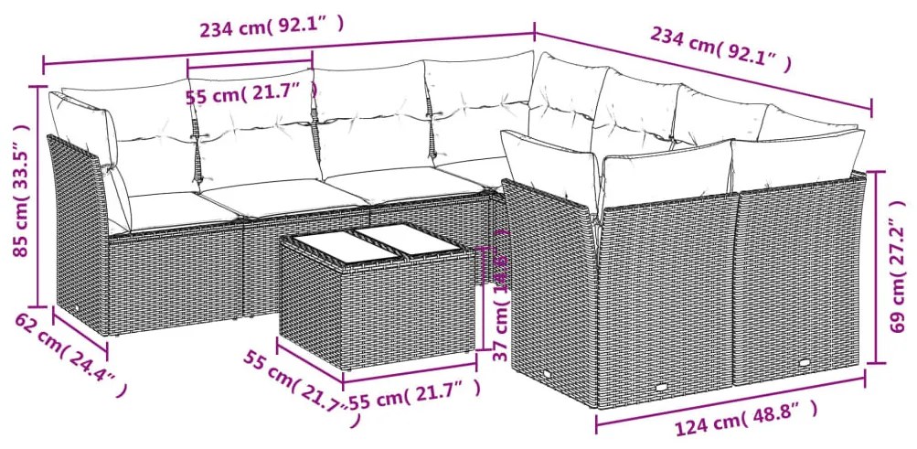 9 részes szürke polyrattan kerti ülőgarnitúra párnákkal