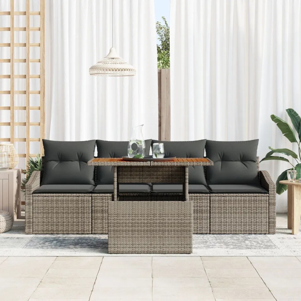 5 darabos kerti étkező szett párnákkal, szürke poly rattan akáciából