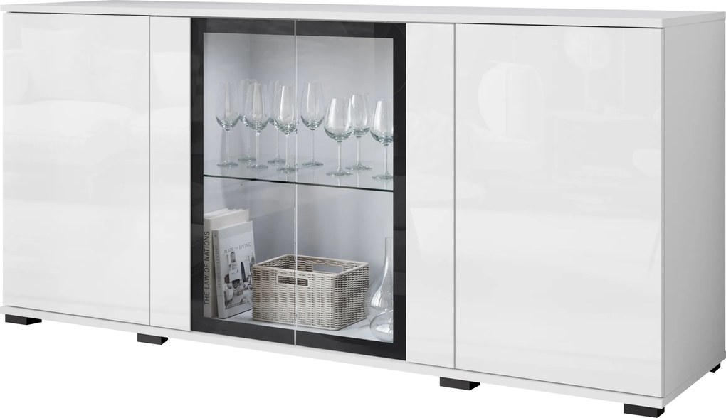 Caro modern négyajtós komód 150 cm, vitrin, üveg polcok