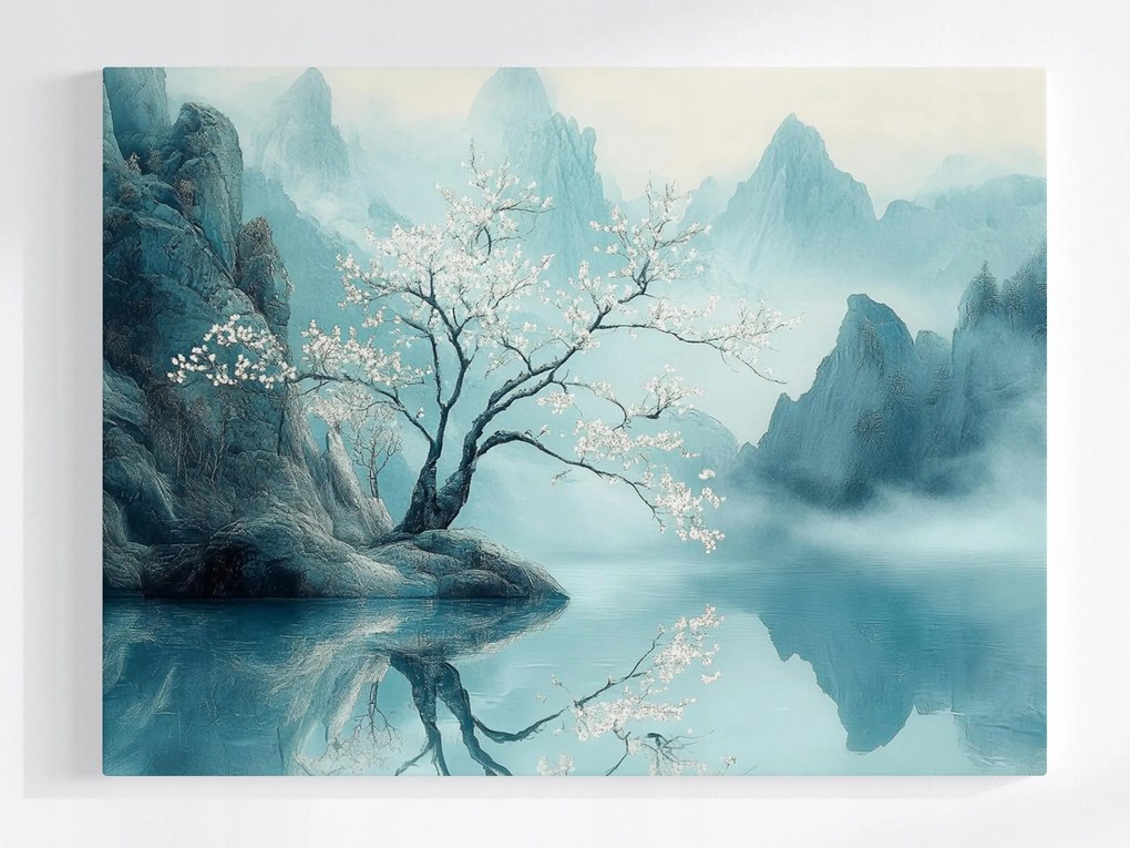 Vászonkép Canvas Tájkép Ázsia Japán Türkiz Hegyek Köd Sakura 80x60
