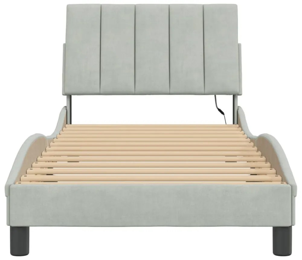 világosszürke bársony ágykeret LED-ekkel matrac nélkül Hanko 90 x 190 cm