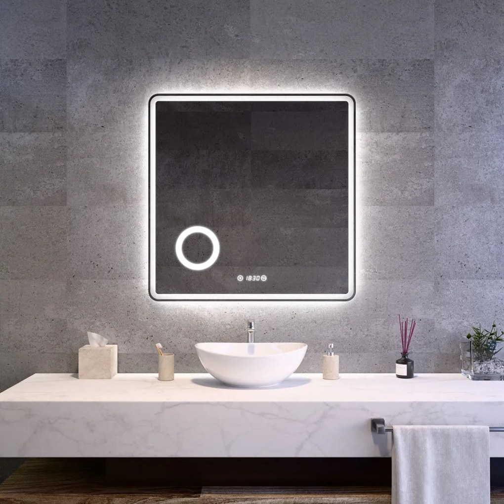 Fürdőszobai LED tükör 80x80cm | Páramentesítő - Kozmetikai tükör - Fényerő + színhőfok állítás - Digitális óra | Welland Luxury-Line G795