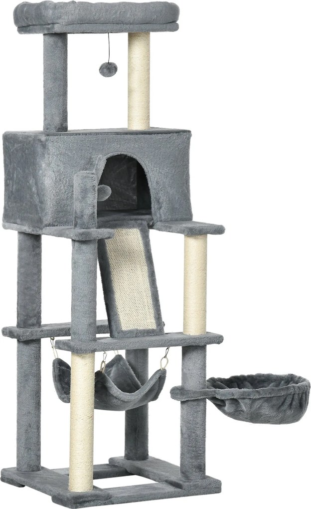 PawHut Macska Kaparófa Felnőtt Macskák és Kiscicák Számára Zsineg Posztokkal, Házzal, Pihenőfelülettel és Plüss Hintákkal, 48x48x140cm, Szürke | Aosom