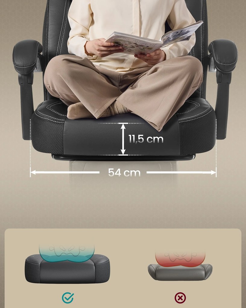 Játékos szék lábtartóval, ergonomikus kialakítással, fekete színben