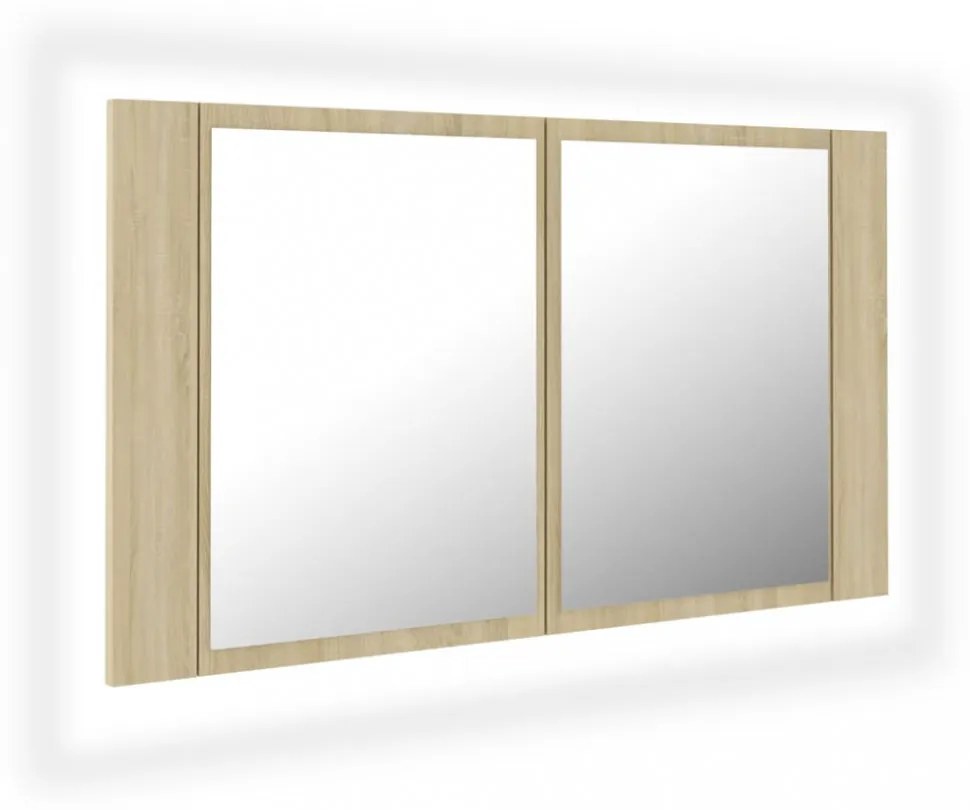tölgyszínű akril LED-es tükrös fürdőszobaszekrény 80x12x45 cm