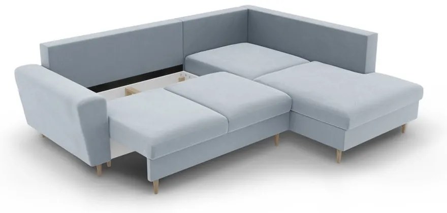 Világoskék bársony kinyitható tárolóhelyes sarokkanapé (jobb oldali-L alakú) Kyoto – Cosmopolitan Design
