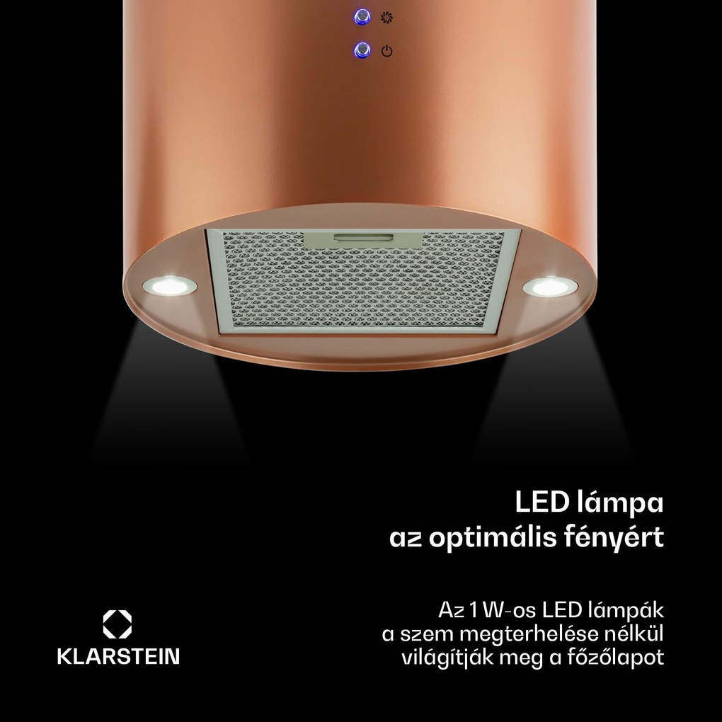 Klarstein Barett, sziget páraelszívó, Ø 35 cm, légkeringetés, 590 m³/ó, LED, aktívszén szűrő, réz