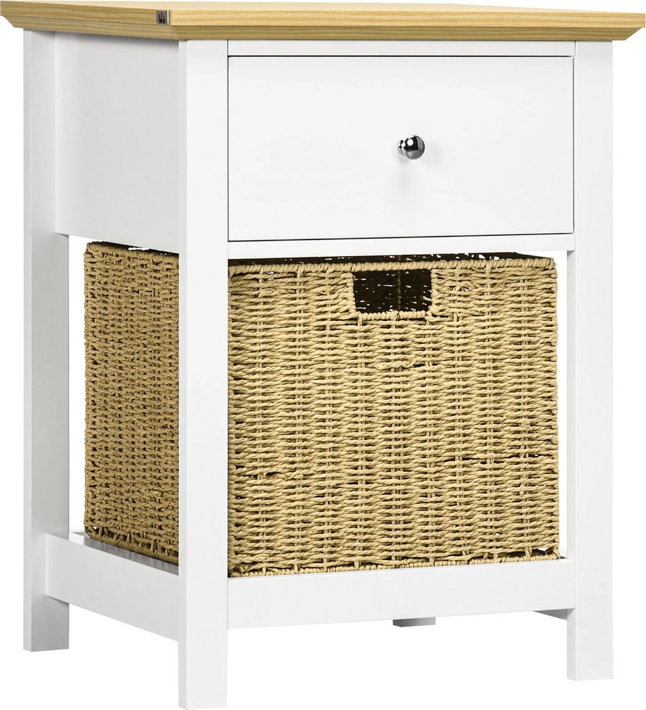HOMCOM Modern Éjjeliszekrény Tároló Fiókkal és Összecsukható Fonott Kosárral Nappali Hálószobába | Aosom