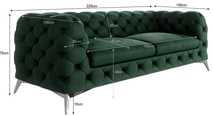 Sötétzöld bársony kanapé 225 cm Chelsea – Ropez